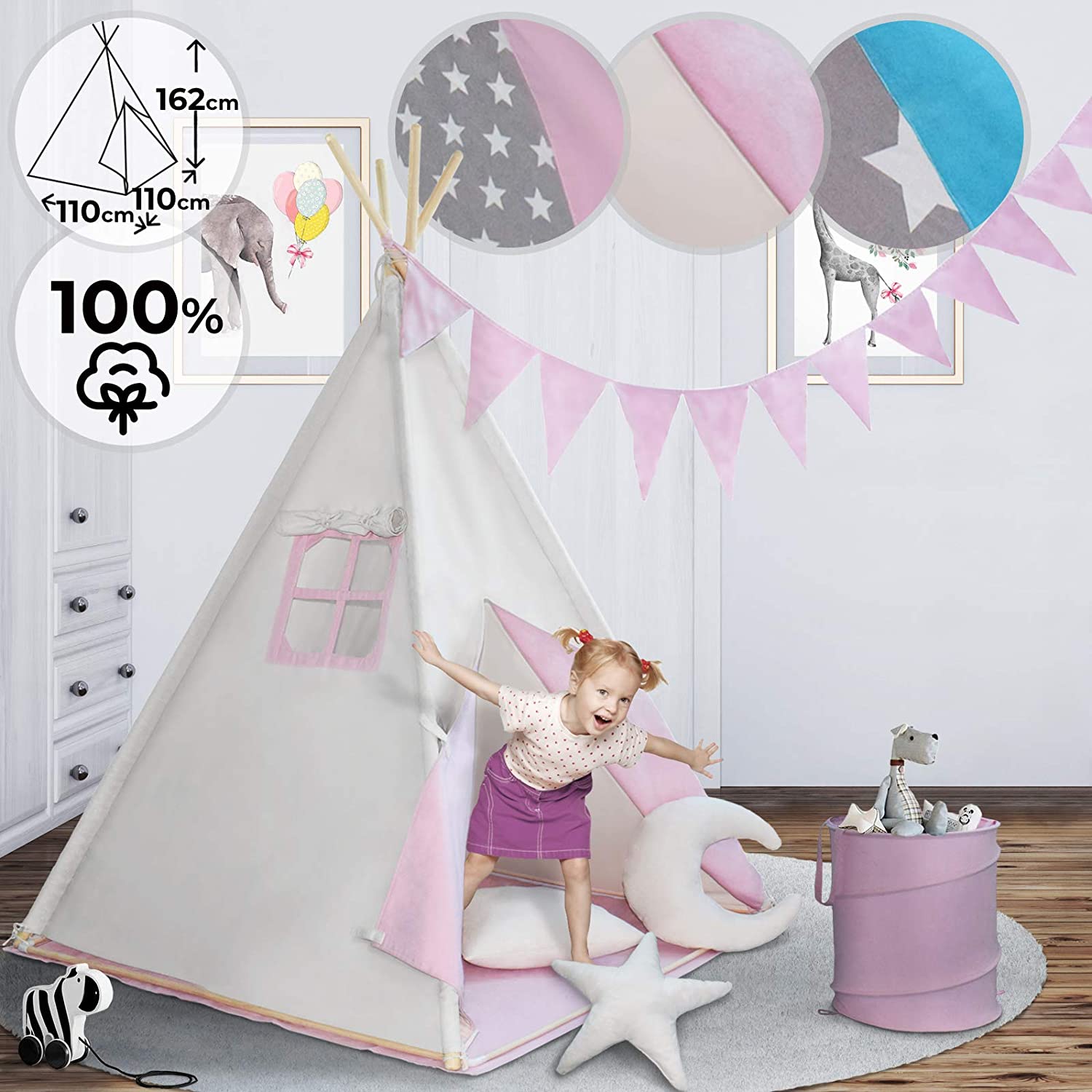 Speeltent – Tipi tent – Accessoires inbegrepen – Katoen – Beige – Roze