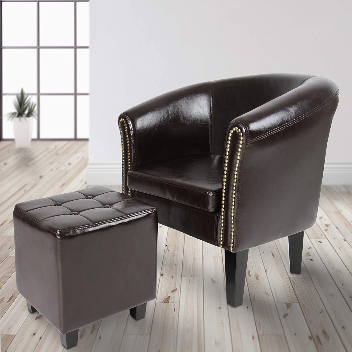 Chesterfield zitstoel – Met voetenbankje – Lounge stoel – Set – Synthetisch leer – Hout – Bruin