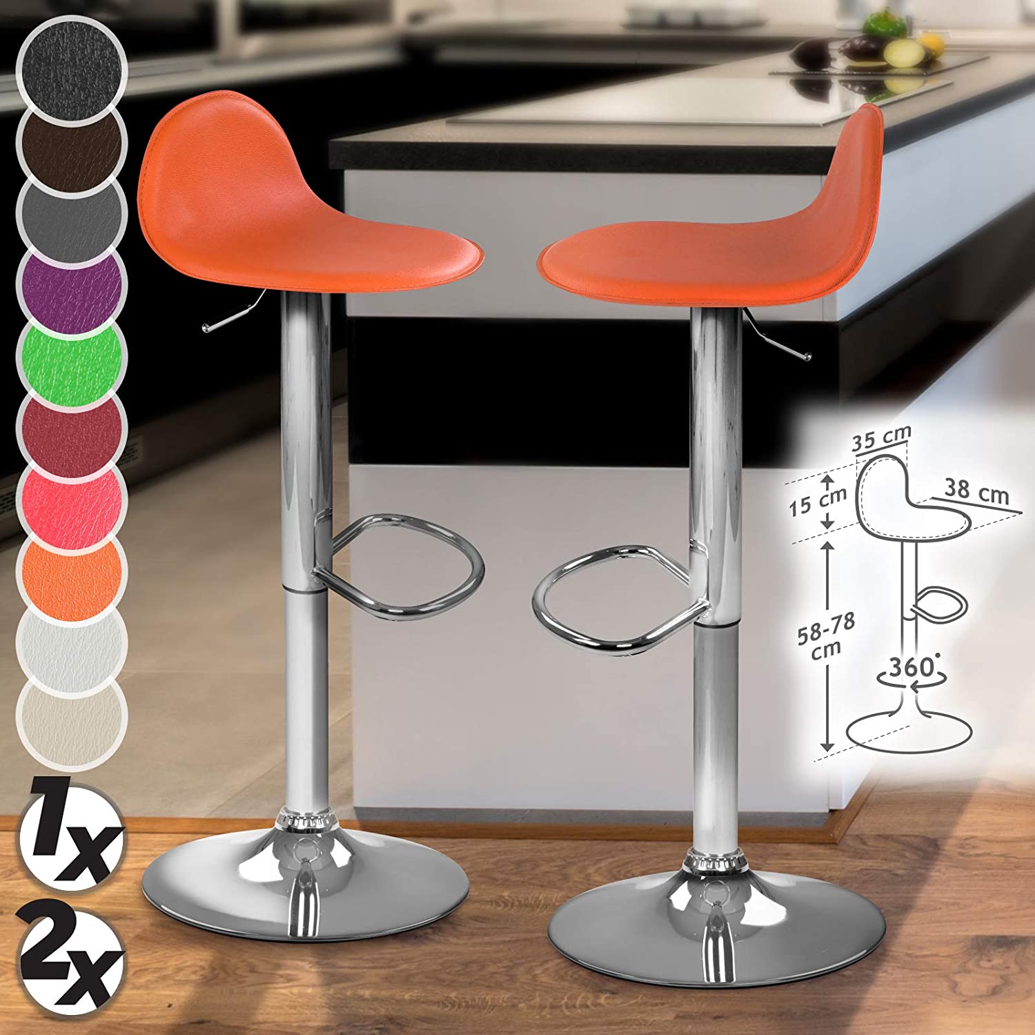 Barkrukken – Barstoelen – Kunstleer – Lage rugleuning – Verstelbaar – Set van 2 – 35 x 93 x 38 cm – Oranje