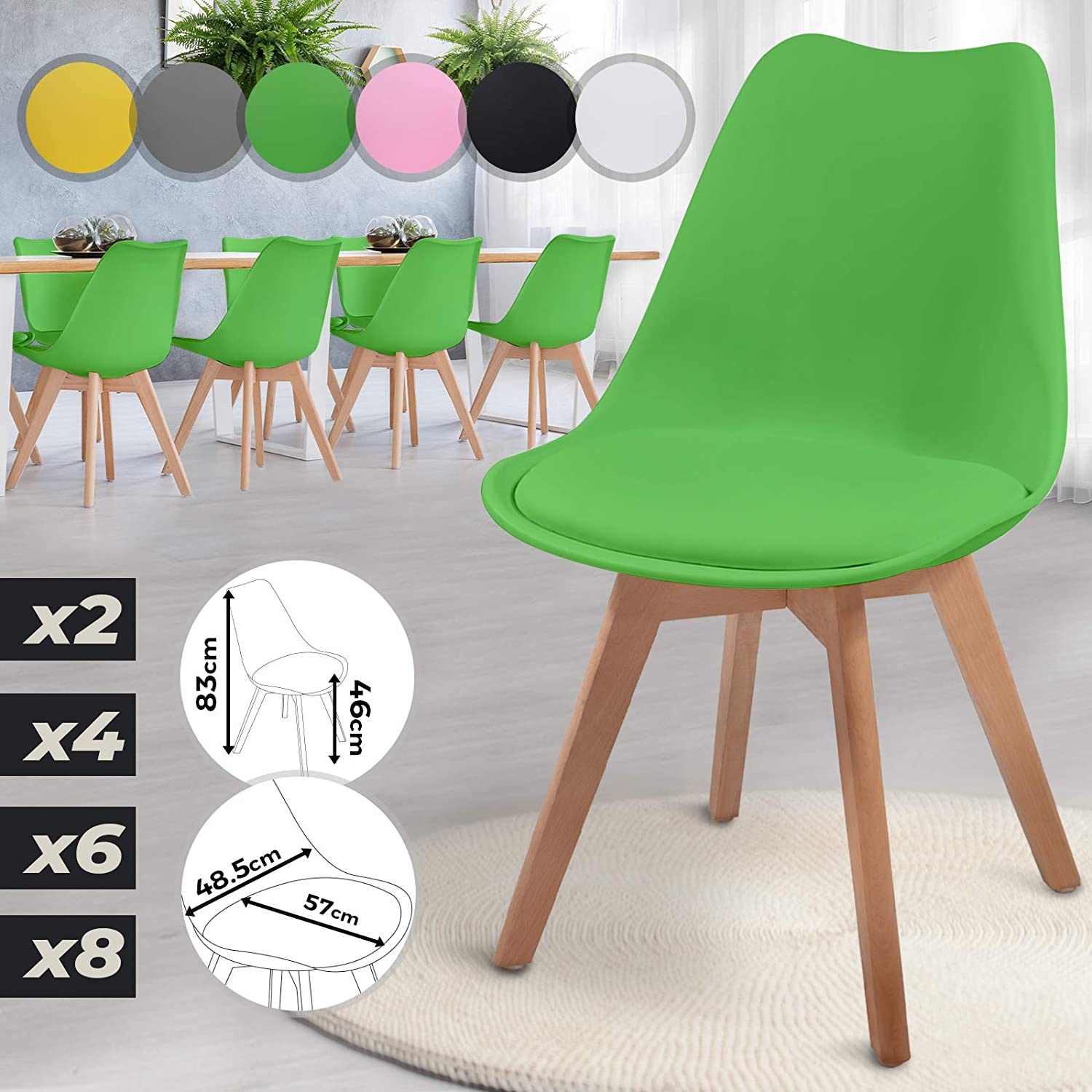 Eetkamerstoelen – Lounge stoelen – Scandinavische stijl – Retro – Vintage – Gestoffeerd – Set van 8 – Groen