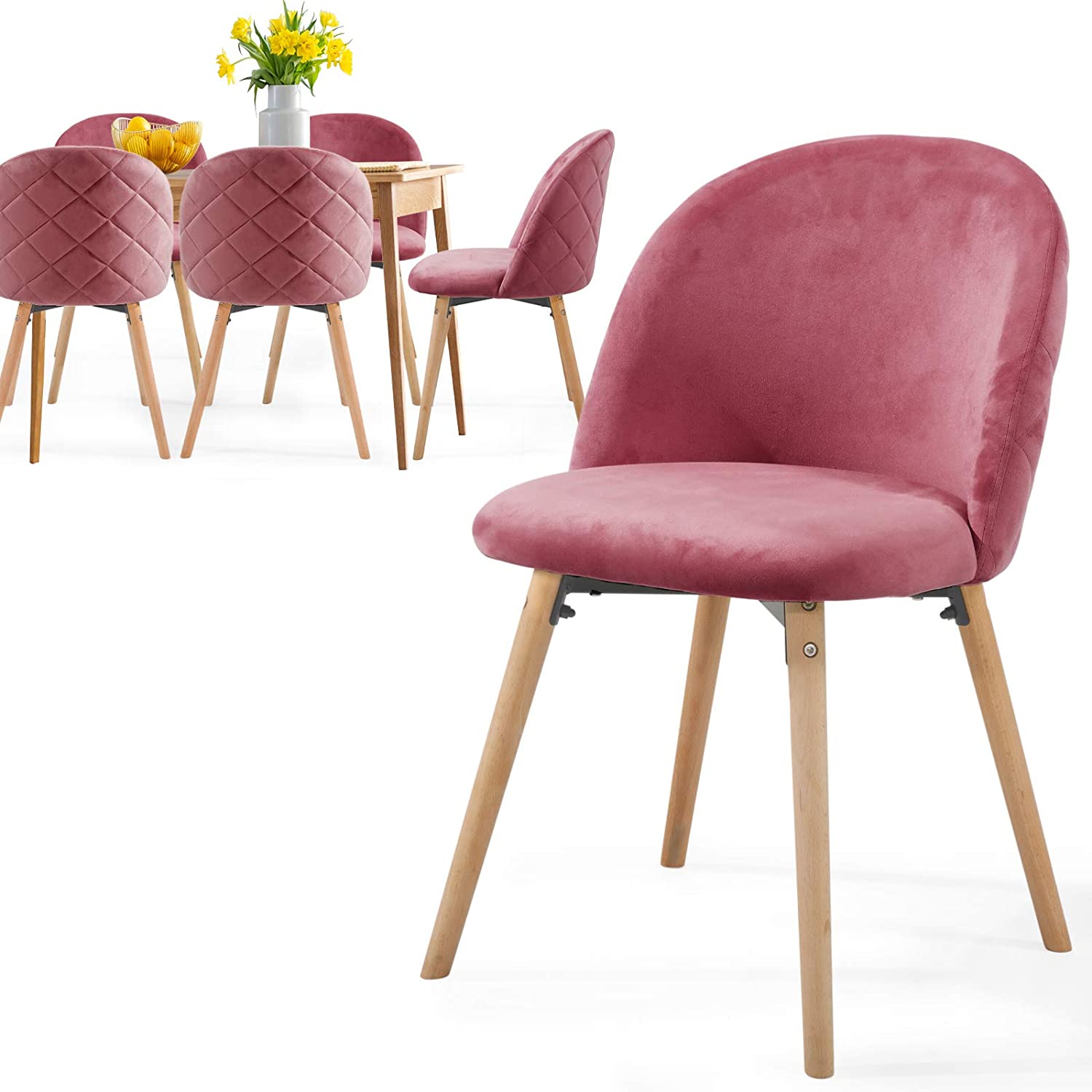 Eetkamerstoelen – Lounge stoelen – Scandinavisch – Retro – Vintage – Gestoffeerd – Set van 6 – Roze