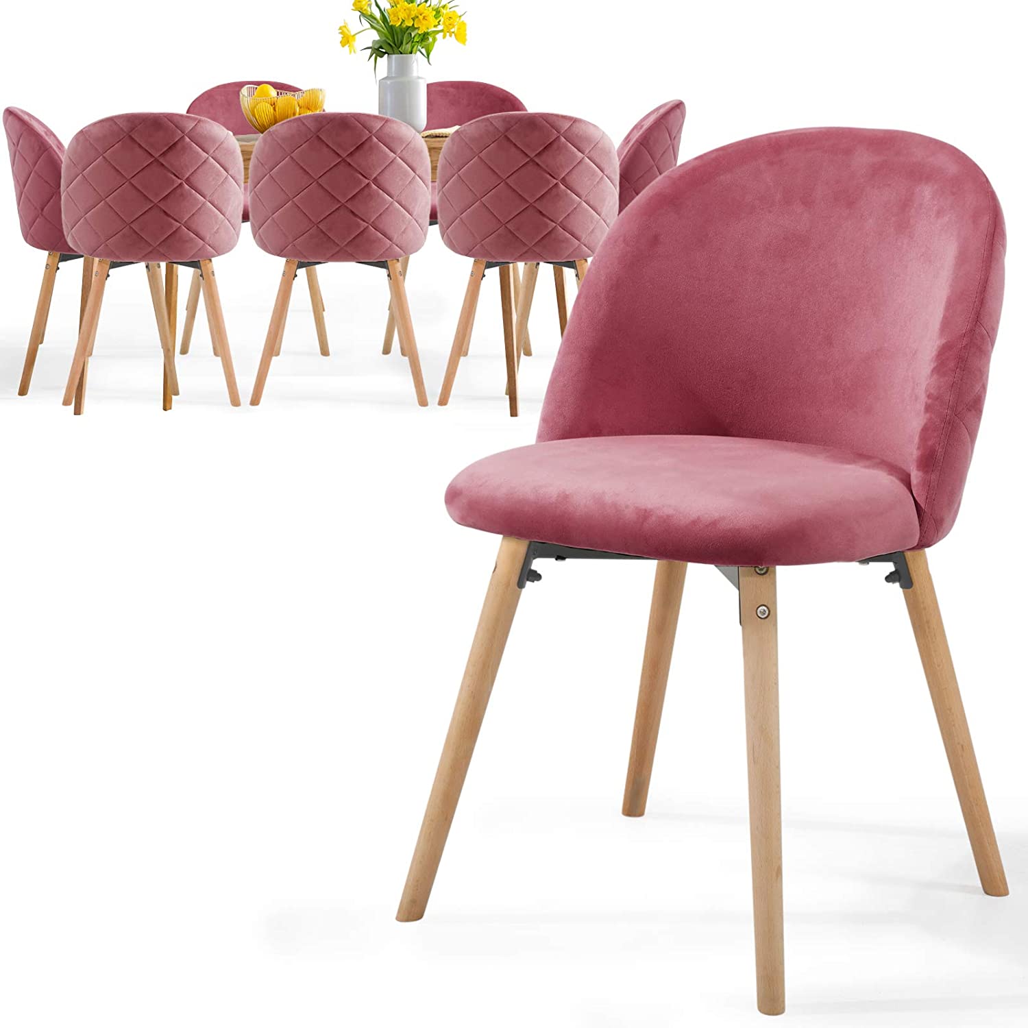 Eetkamerstoelen – Lounge stoelen – Scandinavisch – Retro – Vintage – Gestoffeerd – Set van 8 – Roze