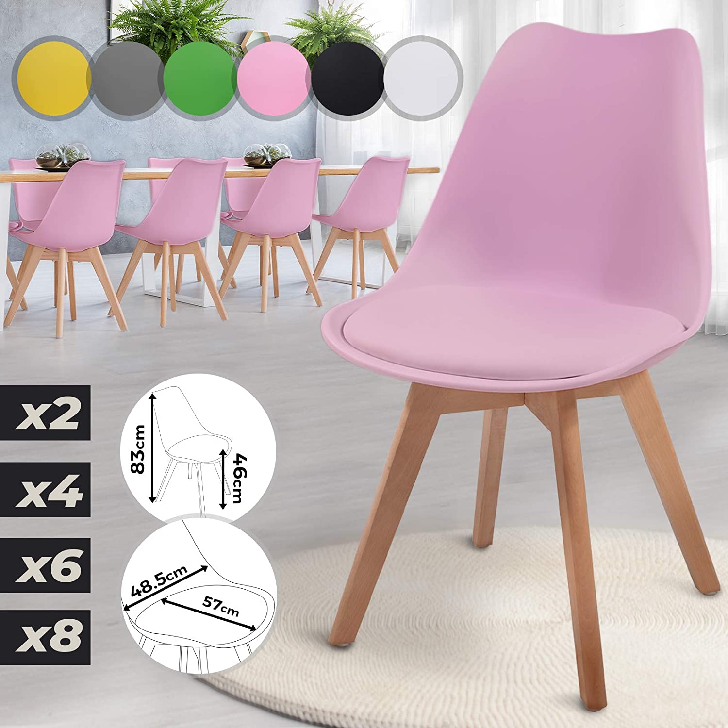 Eetkamerstoelen – Lounge stoelen – Scandinavische stijl – Retro – Vintage – Gestoffeerd – Set van 8 – Roze
