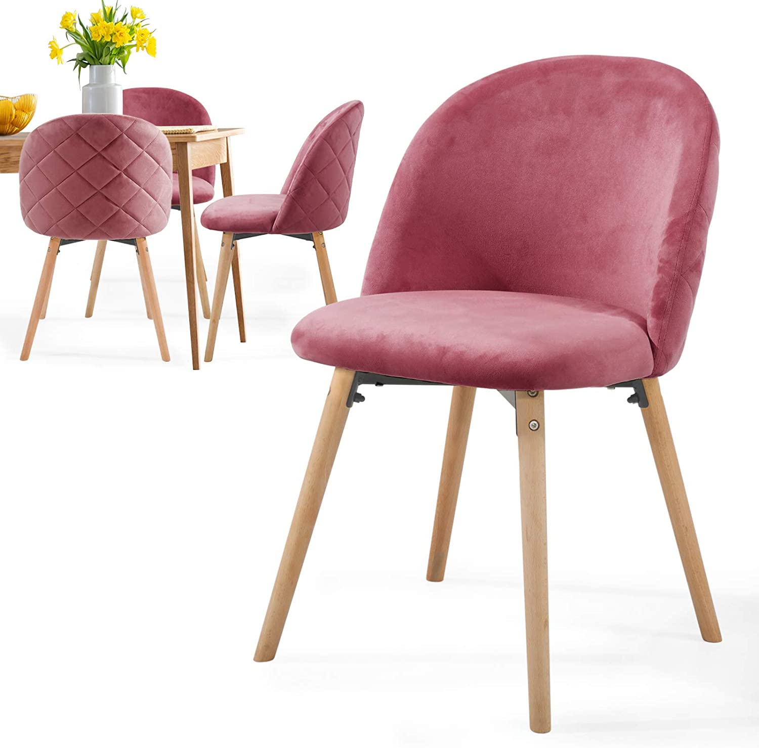 Eetkamerstoelen – Lounge stoelen – Scandinavisch – Retro – Vintage – Gestoffeerd – Set van 4 – Roze