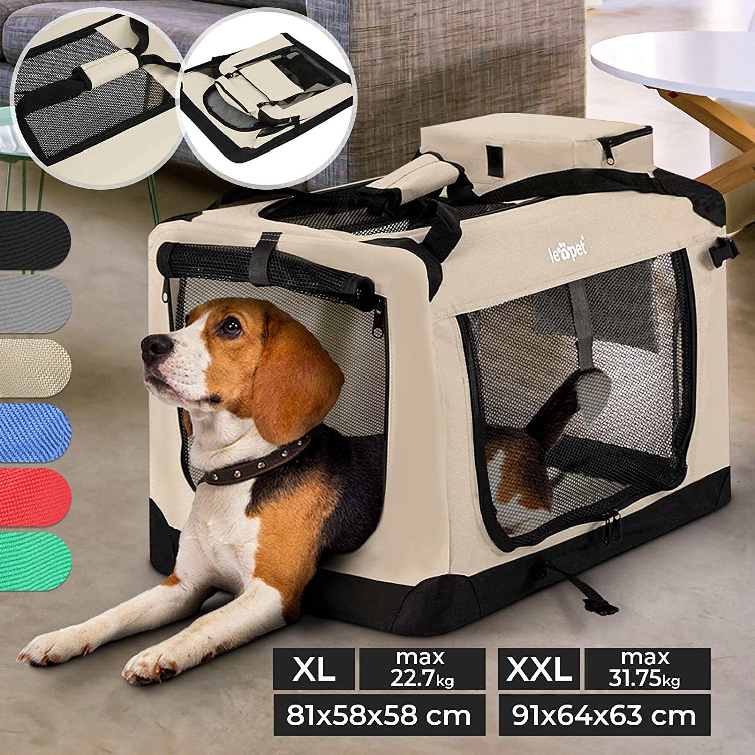Hondenbox – Transporttas – Inklapbaar – Maat XXL – 91 x 64 x 63 cm – Beige