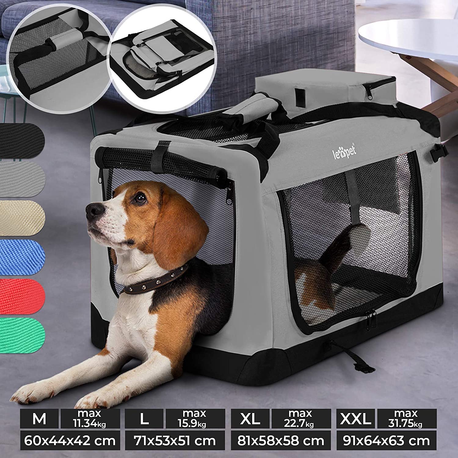 Hondenbox – Transporttas – Inklapbaar – Maat XXL – 91 x 64 x 63 cm – Grijs