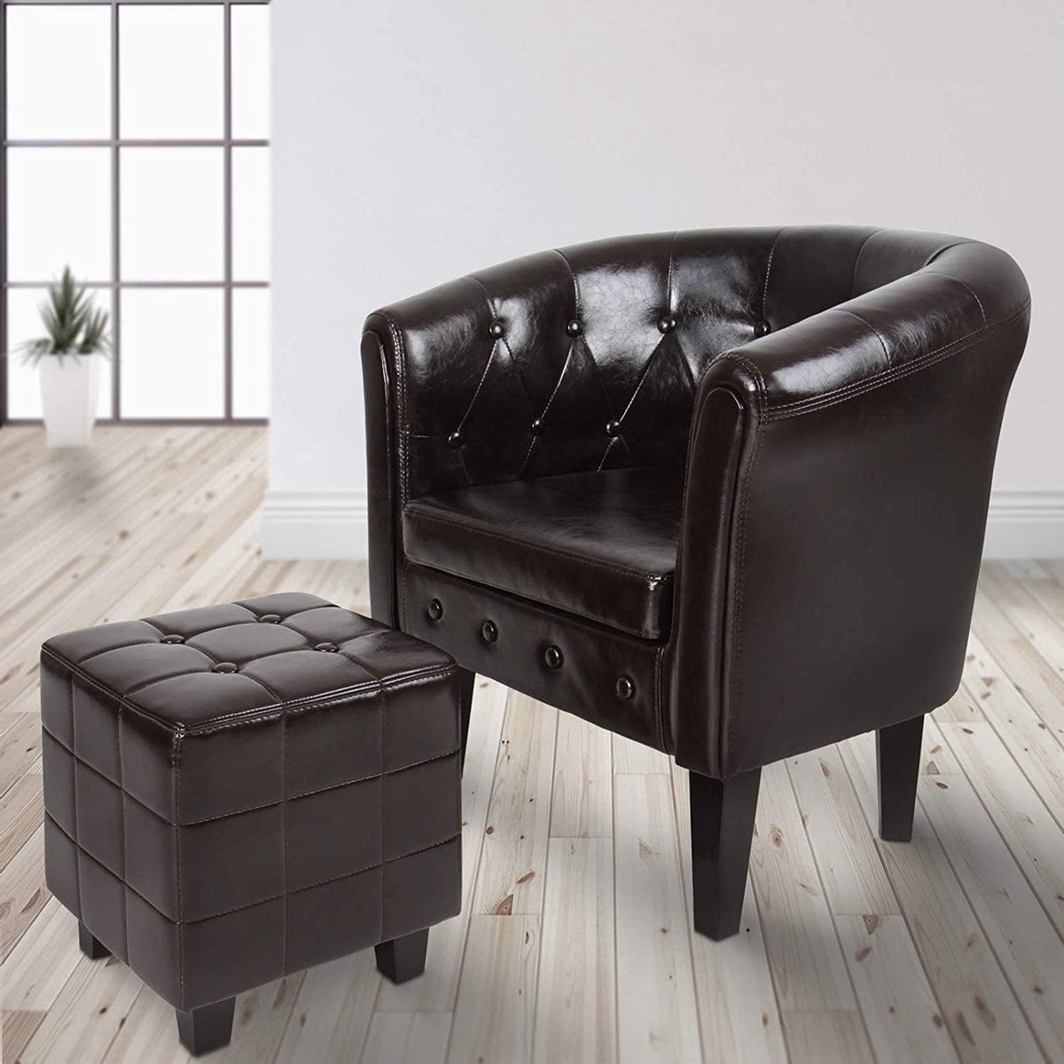 Chesterfield stoel – zitkruk – Set – Lounge meubels – Bruin