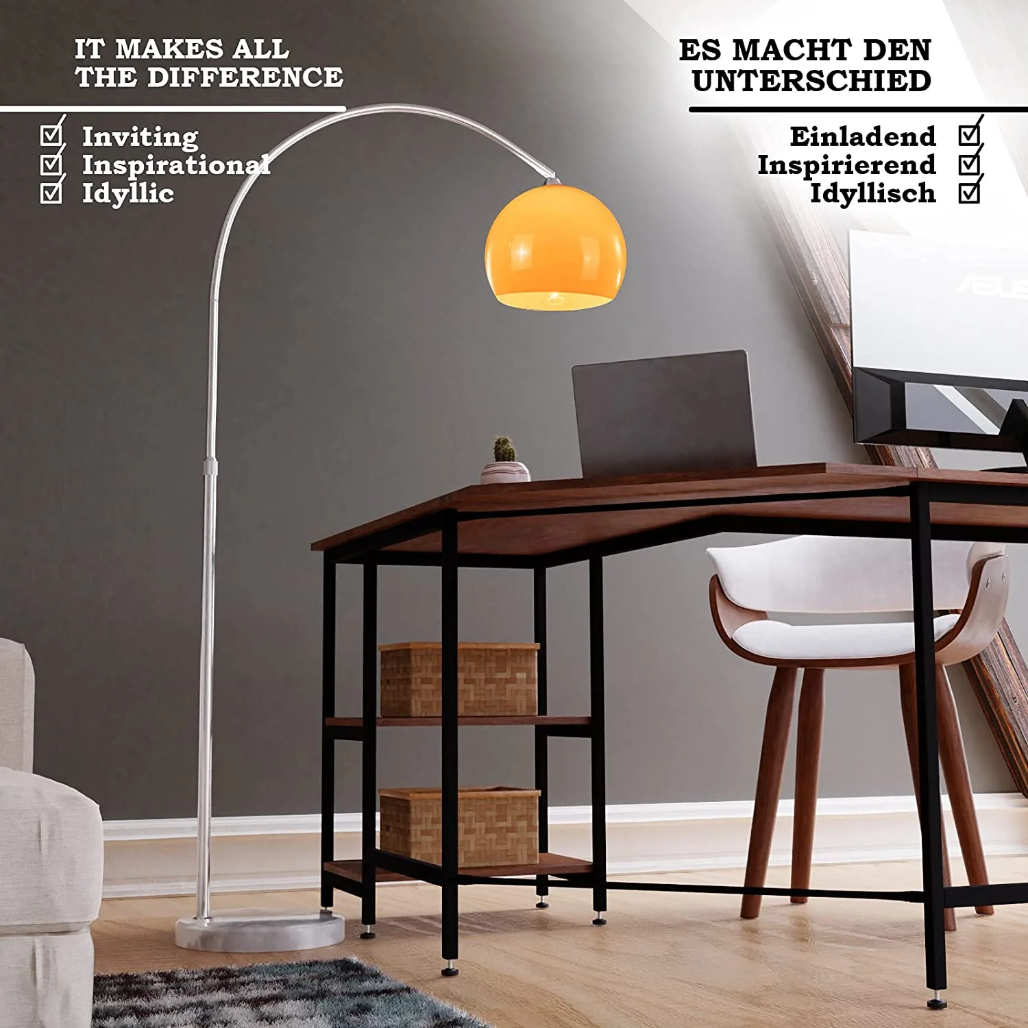 smeren Kosten oosters Lamp - Vloerlamp - Booglamp - 145/220 cm - E27 - 60W - Oranje - Trend24