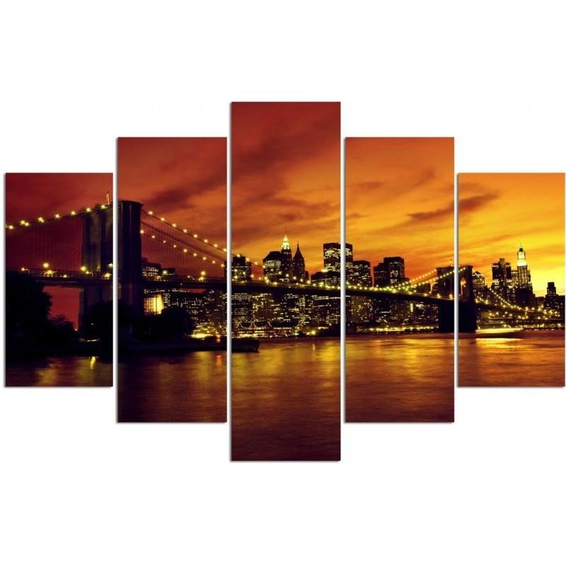Canvas Schilderij – Brooklyn Bridge En Manhattan Bij Sunset  – Vijfluik – Steden