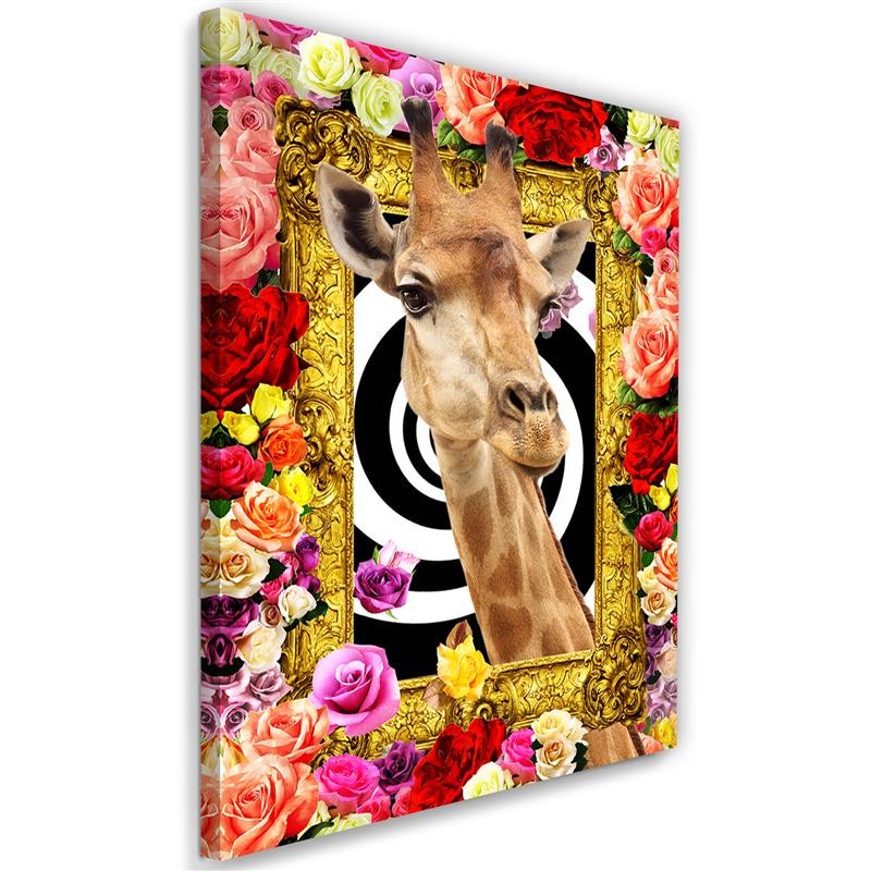 Canvas Schilderij – Giraffe En Gekleurde Rozen  – Schilderijen – Bloemen