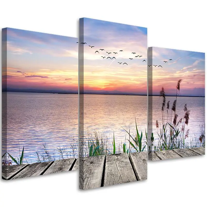 Canvas Schilderij Zonsondergang Aan Het Water - Drieluik Landschappen - Trend24