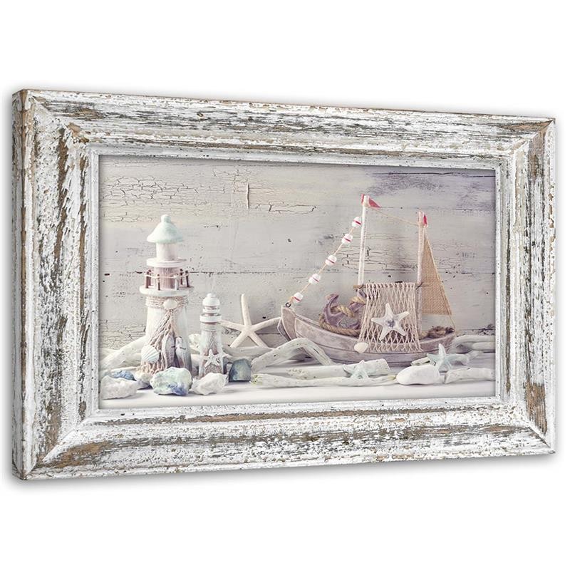 Canvas Schilderij – Souvenirs Aan Zee In Een Houten Frame Shabby Chic  – Schilderijen – Nog Steeds Natuur