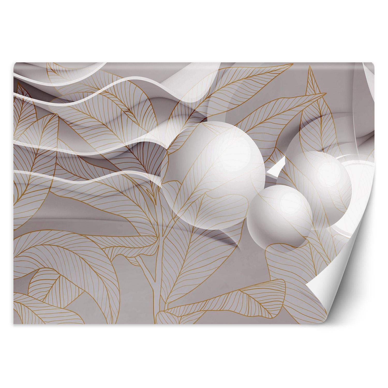 Trend24 – Behang – Goudbladeren En Ballen 3D – Vliesbehang – Fotobehang 3D – Behang Woonkamer – 100×70 cm – Incl. behanglijm