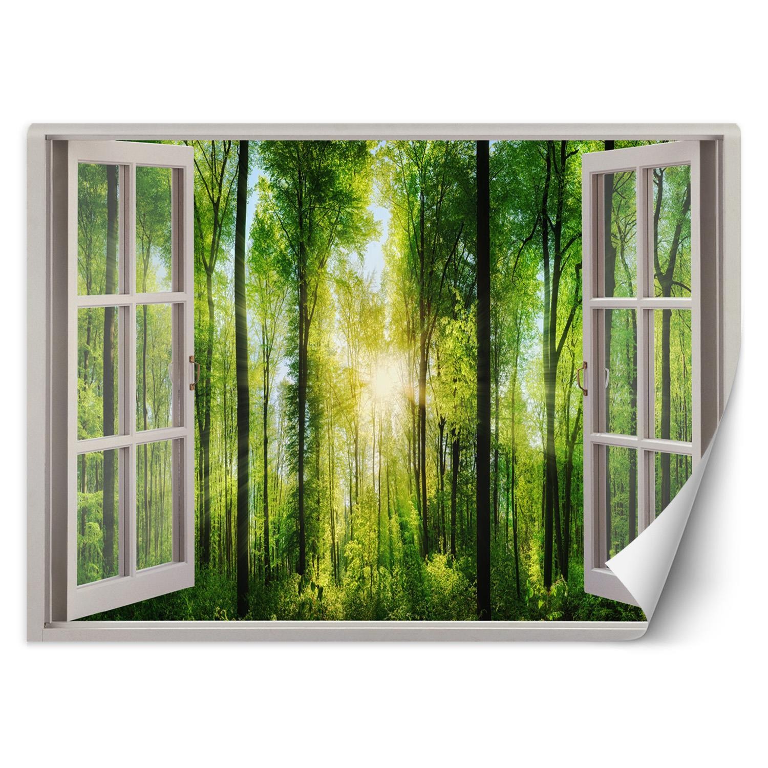 Trend24 – Behang – Raam – Zonnestralen In Het Bos – Behangpapier – Fotobehang Natuur – Behang Woonkamer – 140×100 cm – Incl. behanglijm