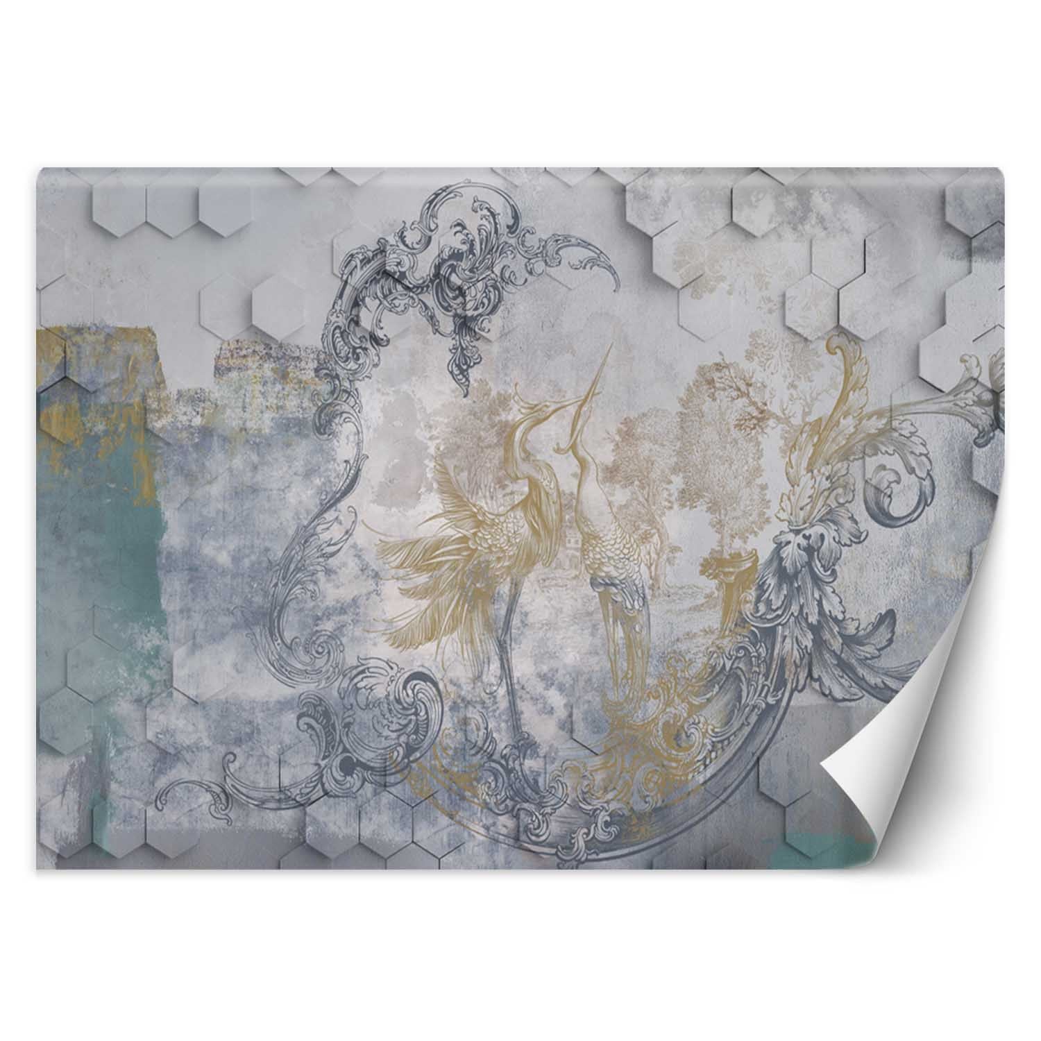 Trend24 – Behang – Grijze Vogels – Vliesbehang – Behang Woonkamer – Fotobehang – 100×70 cm – Incl. behanglijm