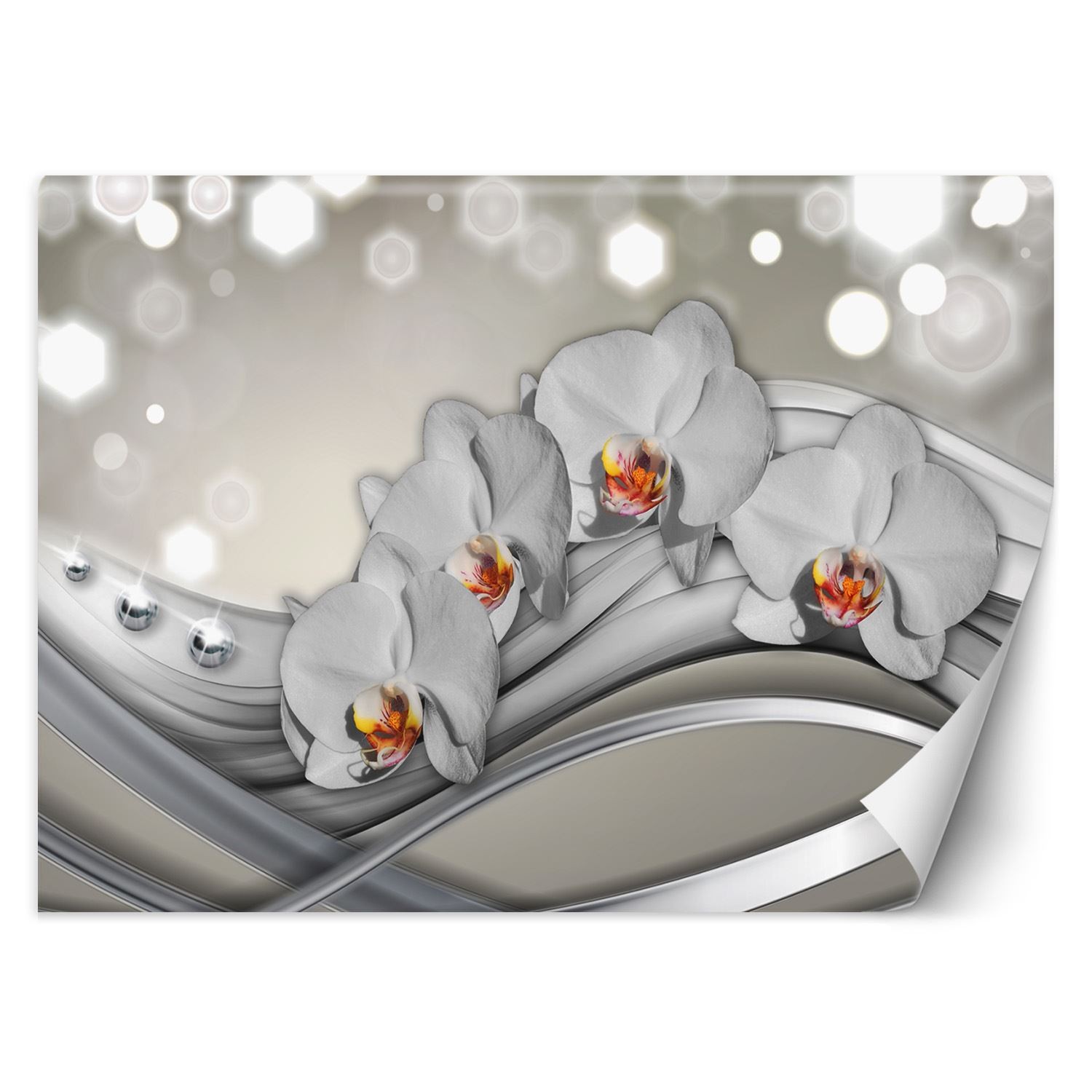 Trend24 – Behang – Orchideeën & Golven – Behangpapier – Fotobehang 3D – Behang Woonkamer – 350×245 cm – Incl. behanglijm