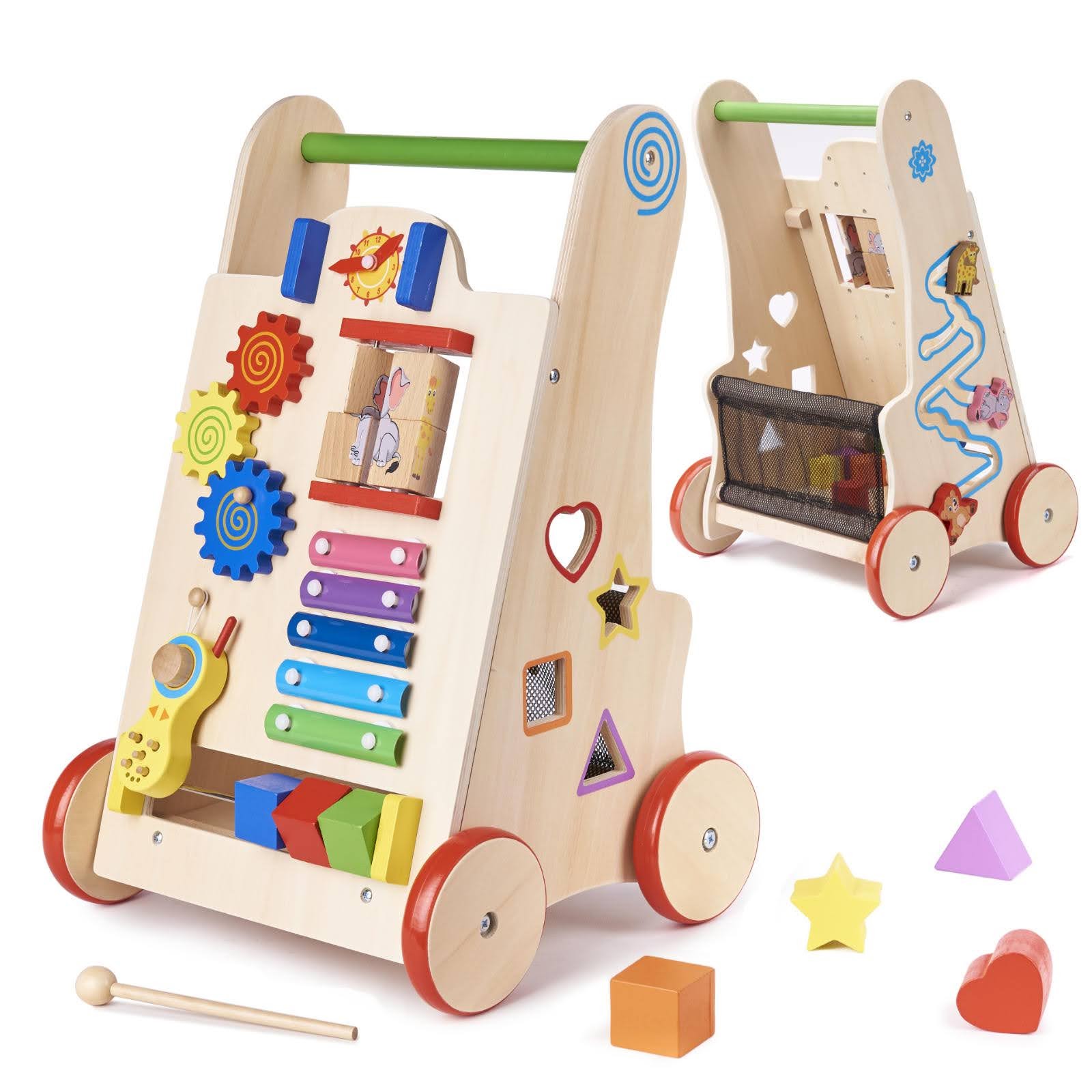 Houten loopwagen – Looptrainer- Baby walker – Blokkenkar – Activity walker – Met houten blokken – Meerkleurig