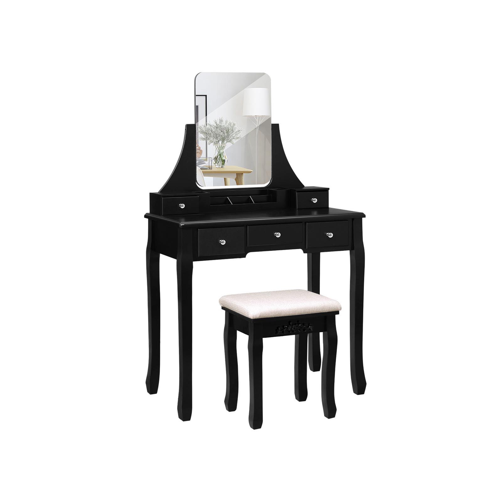 Kaptafel met spiegel en krukje – Make up tafel – Inclusief kruk – 80 x 40 x 137.5 cm – Zwart