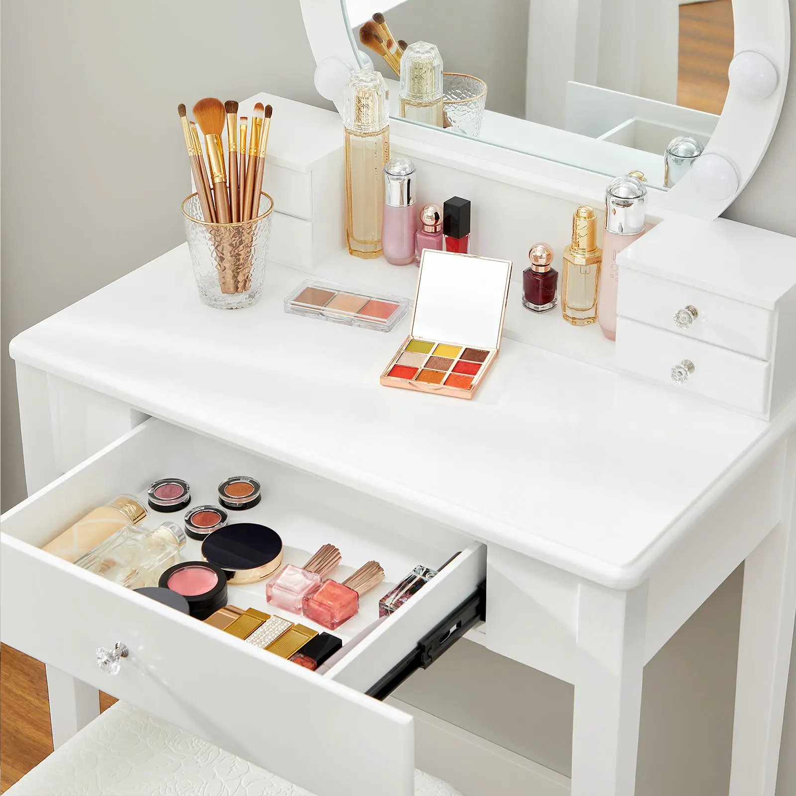 Kaptafel met spiegel en verlichting - Make up tafel - Kaptafel met spiegel - Inclusief krukje - 70 40 x 134 cm - Wit - Trend24