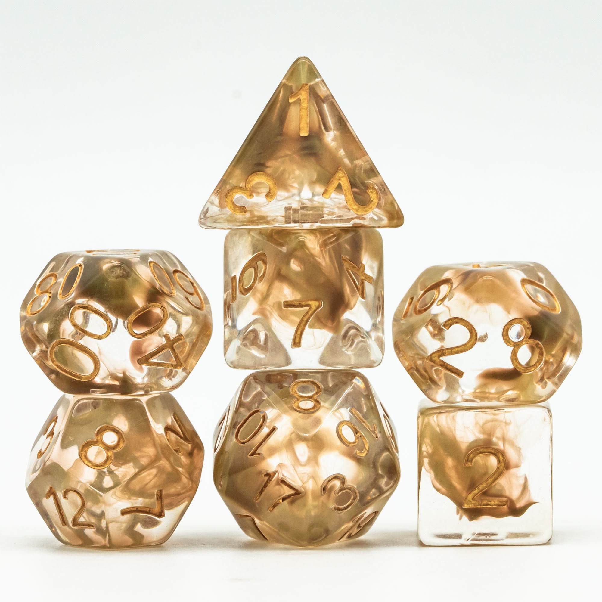 Lapi Toys – DnD dice set Golden Fairydust – Dungeons and dragons dobbelstenen – 7 stuks – Resin – Transparant – Goud