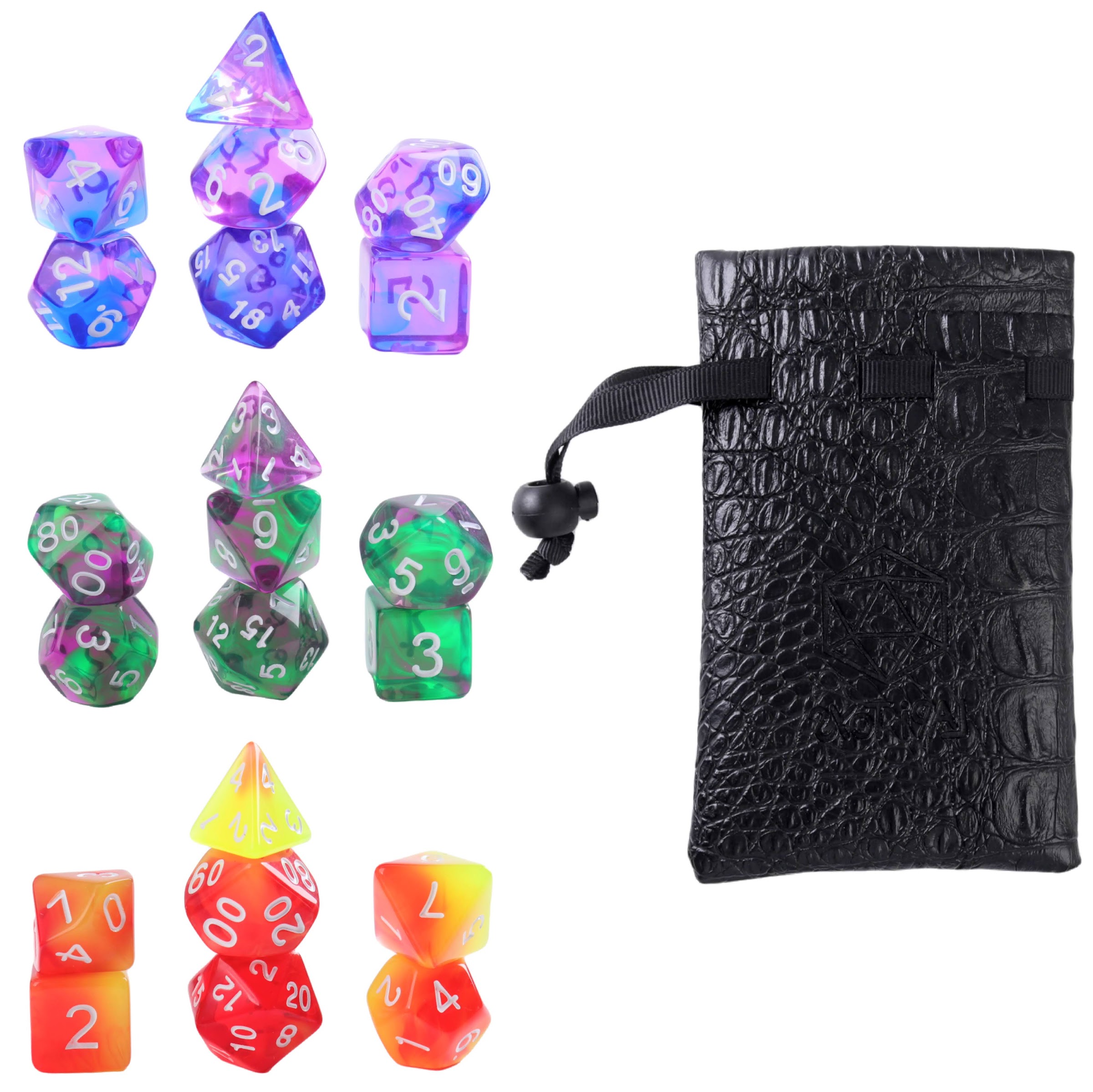 Lapi Toys – DnD dice set Toxic Glow – Dungeons and dragons dobbelstenen – Mega set – 21 stuks (3 sets) – Dice bag – Acryl – Meerkleurig