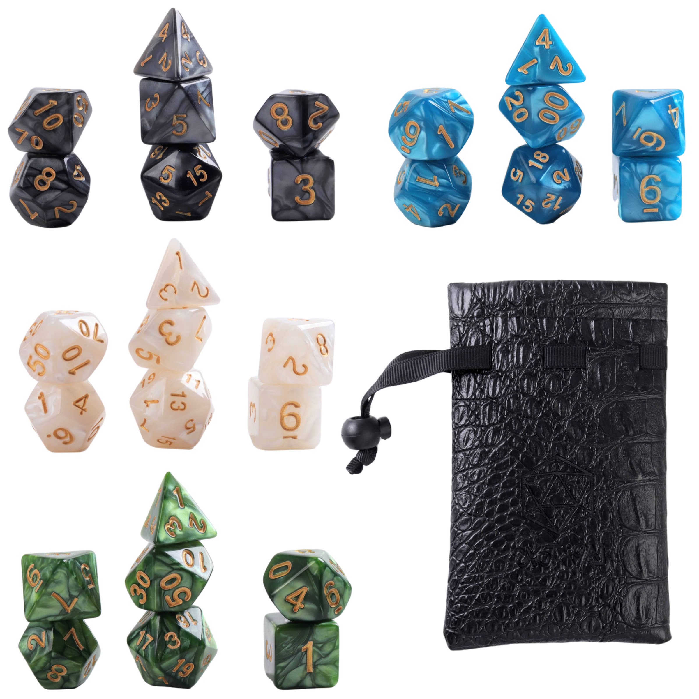 Lapi Toys – DnD dice set Marbled Blend – Dungeons and dragons dobbelstenen – Mega set – 28 stuks (4 sets) – Dice bag – Acryl – Zwart – Blauw – Wit – Groen