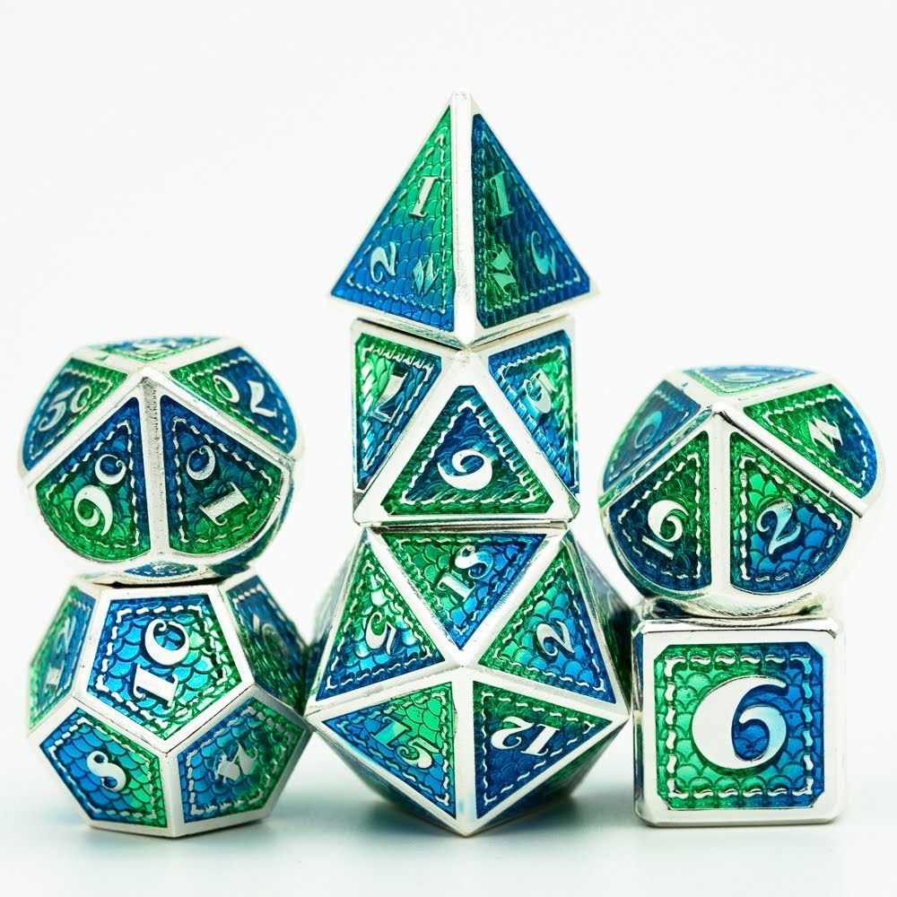 Lapi Toys – DnD dice set Dragon’s Scale – Dungeons and dragons metalen dobbelstenen – 7 stuks – Metaal – Groen – Blauw