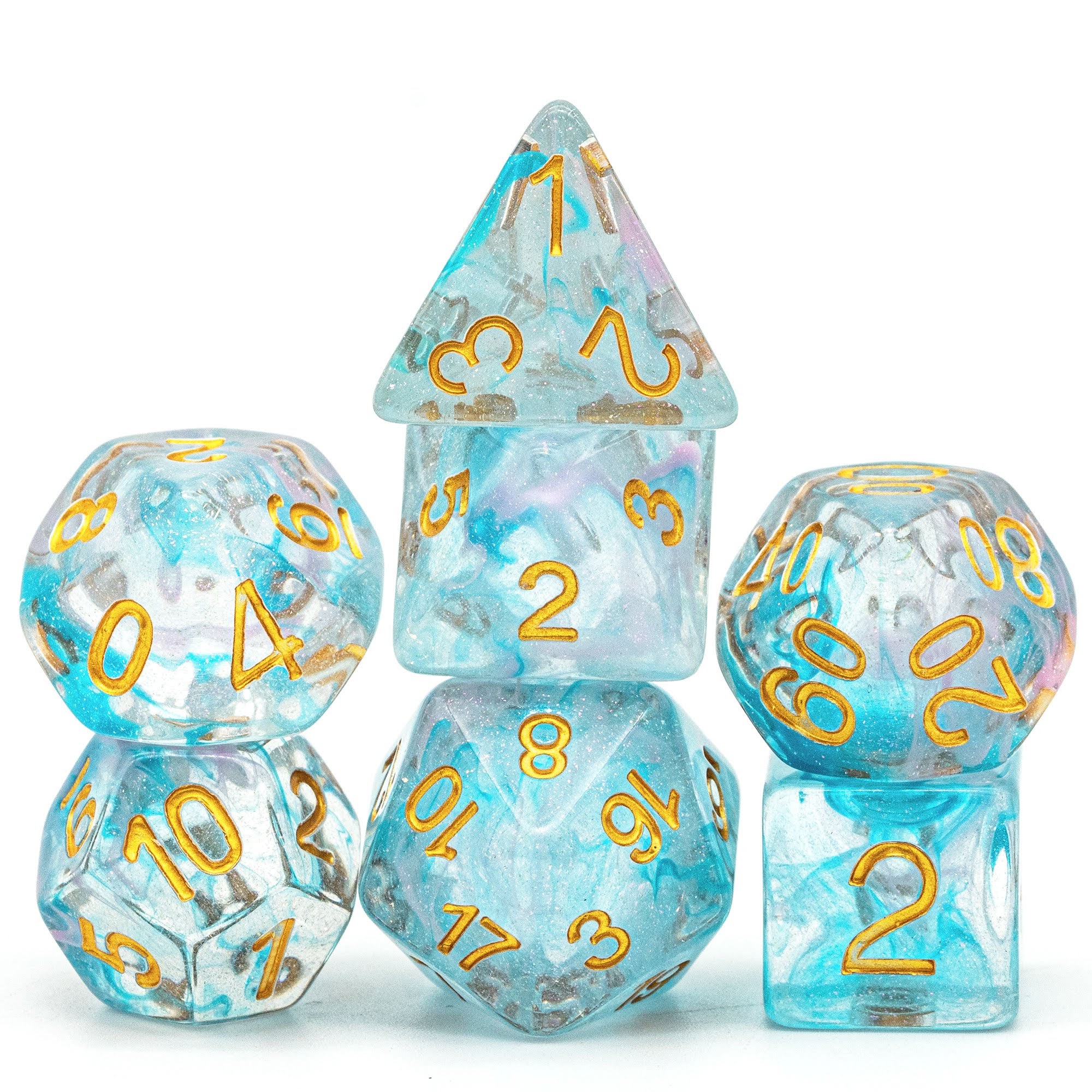 Lapi Toys – DnD dice set Blue Shimmer – Dungeons and dragons dobbelstenen – 7 stuks – Resin – Transparant – Blauw
