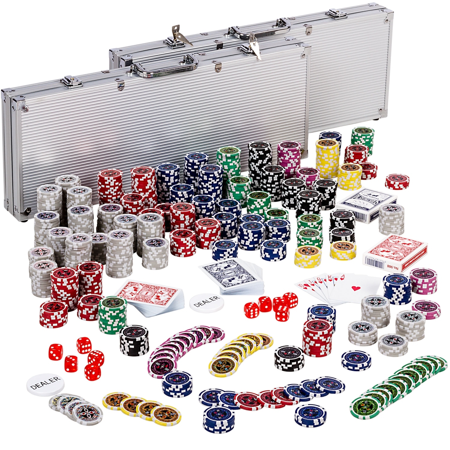 Poker – Pokerset – Inclusief twee koffers – 1000 chips – 57.5 x 21 x 6.5 cm – Zilver