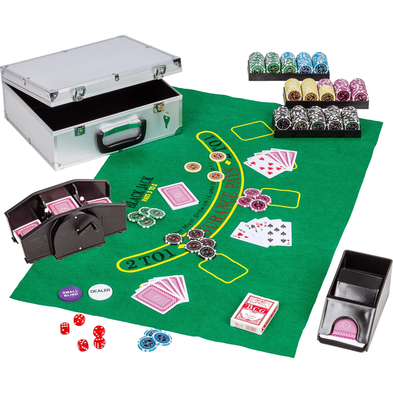 Poker – Pokerset – 300 chips – Inclusief koffer, kaarten, fiches en kaartschudmachine – 31.5 x 26 x 16.5 cm – Zilver