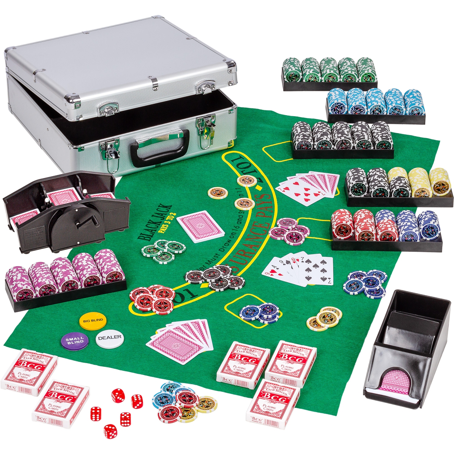 Poker – Pokerset – 600 chips – Inclusief koffer, kaarten, fiches en kaartschudmachine – 44.5 x 28.5 x 16.5 cm – Zilver